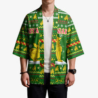 Myanmar Christmas Kimono with Green-Gold Theme, Chinthe Lion, and Santa Motif - Wonder Print Shop