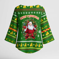 Myanmar Christmas Kimono Sleeve Blouse with Green-Gold Theme, Chinthe Lion, and Santa Motif - Wonder Print Shop