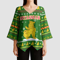 Myanmar Christmas Kimono Sleeve Blouse with Green-Gold Theme, Chinthe Lion, and Santa Motif - Wonder Print Shop