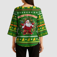 Myanmar Christmas Kimono Sleeve Blouse with Green-Gold Theme, Chinthe Lion, and Santa Motif - Wonder Print Shop