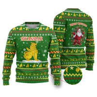 Myanmar Christmas Ugly Christmas Sweater with Green-Gold Theme, Chinthe Lion, and Santa Motif - Wonder Print Shop