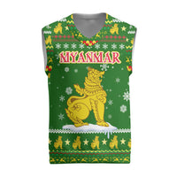Myanmar Christmas Knitted V-Neck Vest with Green-Gold Theme, Chinthe Lion, and Santa Motif - Wonder Print Shop