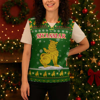 Myanmar Christmas Knitted V-Neck Vest with Green-Gold Theme, Chinthe Lion, and Santa Motif - Wonder Print Shop