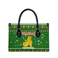 Myanmar Christmas Leather Bag with Green-Gold Theme, Chinthe Lion, and Santa Motif - Wonder Print Shop