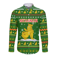 Myanmar Christmas Long Sleeve Button Shirt with Green-Gold Theme, Chinthe Lion, and Santa Motif - Wonder Print Shop