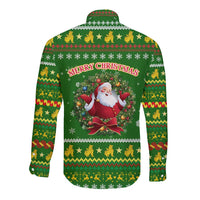 Myanmar Christmas Long Sleeve Button Shirt with Green-Gold Theme, Chinthe Lion, and Santa Motif - Wonder Print Shop