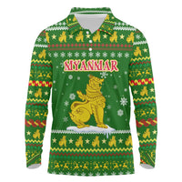 Myanmar Christmas Long Sleeve Polo Shirt with Green-Gold Theme, Chinthe Lion, and Santa Motif - Wonder Print Shop