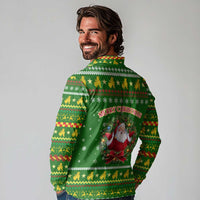 Myanmar Christmas Long Sleeve Polo Shirt with Green-Gold Theme, Chinthe Lion, and Santa Motif - Wonder Print Shop