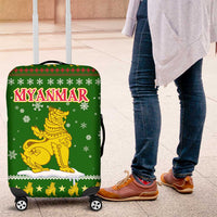 Myanmar Christmas Luggage Cover with Green-Gold Theme, Chinthe Lion, and Santa Motif - Wonder Print Shop