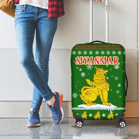 Myanmar Christmas Luggage Cover with Green-Gold Theme, Chinthe Lion, and Santa Motif - Wonder Print Shop