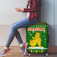 Myanmar Christmas Luggage Cover with Green-Gold Theme, Chinthe Lion, and Santa Motif - Wonder Print Shop