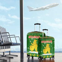 Myanmar Christmas Luggage Cover with Green-Gold Theme, Chinthe Lion, and Santa Motif - Wonder Print Shop