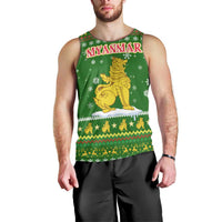 Myanmar Christmas Men Tank Top with Green-Gold Theme, Chinthe Lion, and Santa Motif - Wonder Print Shop