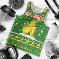 Myanmar Christmas Men Tank Top with Green-Gold Theme, Chinthe Lion, and Santa Motif - Wonder Print Shop