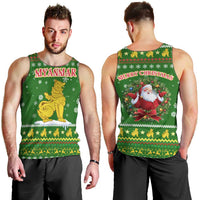 Myanmar Christmas Men Tank Top with Green-Gold Theme, Chinthe Lion, and Santa Motif - Wonder Print Shop