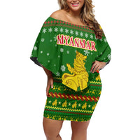 Myanmar Christmas Off Shoulder Short Dress with Green-Gold Theme, Chinthe Lion, and Santa Motif - Wonder Print Shop