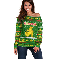 Myanmar Christmas Off Shoulder Sweater with Green-Gold Theme, Chinthe Lion, and Santa Motif - Wonder Print Shop