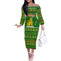 Myanmar Christmas Off The Shoulder Long Sleeve Dress with Green-Gold Theme, Chinthe Lion, and Santa Motif - Wonder Print Shop