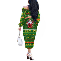 Myanmar Christmas Off The Shoulder Long Sleeve Dress with Green-Gold Theme, Chinthe Lion, and Santa Motif - Wonder Print Shop