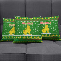 Myanmar Christmas Pillow Cover with Green-Gold Theme, Chinthe Lion, and Santa Motif - Wonder Print Shop