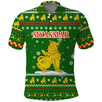 Myanmar Christmas Polo Shirt with Green-Gold Theme, Chinthe Lion, and Santa Motif - Wonder Print Shop