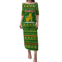 Myanmar Christmas Puletasi with Green-Gold Theme, Chinthe Lion, and Santa Motif - Wonder Print Shop