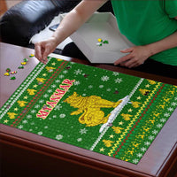 Myanmar Christmas Puzzle with Green-Gold Theme, Chinthe Lion, and Santa Motif - Wonder Print Shop