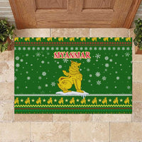 Myanmar Christmas Rubber Doormat with Green-Gold Theme, Chinthe Lion, and Santa Motif - Wonder Print Shop