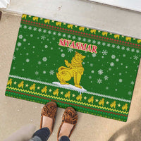 Myanmar Christmas Rubber Doormat with Green-Gold Theme, Chinthe Lion, and Santa Motif - Wonder Print Shop
