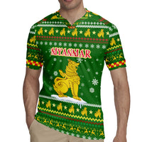 Myanmar Christmas Rugby Jersey with Green-Gold Theme, Chinthe Lion, and Santa Motif - Wonder Print Shop