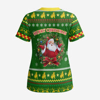 Myanmar Christmas Scrub Top with Green-Gold Theme, Chinthe Lion, and Santa Motif - Wonder Print Shop