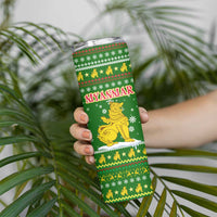 Myanmar Christmas Skinny Tumbler with Green-Gold Theme, Chinthe Lion, and Santa Motif - Wonder Print Shop