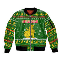 Myanmar Christmas Sleeve Zip Bomber Jacket with Green-Gold Theme, Chinthe Lion, and Santa Motif - Wonder Print Shop