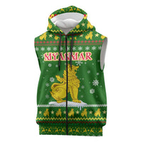 Myanmar Christmas Sleeveless Zip Hoodie with Green-Gold Theme, Chinthe Lion, and Santa Motif - Wonder Print Shop