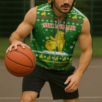 Myanmar Christmas Sleeveless Zip Hoodie with Green-Gold Theme, Chinthe Lion, and Santa Motif - Wonder Print Shop
