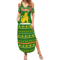Myanmar Christmas Summer Maxi Dress with Green-Gold Theme, Chinthe Lion, and Santa Motif - Wonder Print Shop