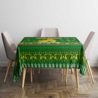 Myanmar Christmas Tablecloth with Green-Gold Theme, Chinthe Lion, and Santa Motif - Wonder Print Shop