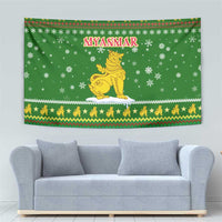Myanmar Christmas Tapestry with Green-Gold Theme, Chinthe Lion, and Santa Motif - Wonder Print Shop