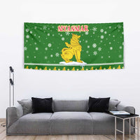 Myanmar Christmas Tapestry with Green-Gold Theme, Chinthe Lion, and Santa Motif - Wonder Print Shop