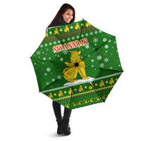 Myanmar Christmas Umbrella with Green-Gold Theme, Chinthe Lion, and Santa Motif - Wonder Print Shop