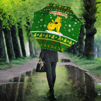 Myanmar Christmas Umbrella with Green-Gold Theme, Chinthe Lion, and Santa Motif - Wonder Print Shop