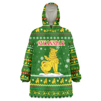 Myanmar Christmas Wearable Blanket Hoodie with Green-Gold Theme, Chinthe Lion, and Santa Motif - Wonder Print Shop