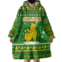 Myanmar Christmas Wearable Blanket Hoodie with Green-Gold Theme, Chinthe Lion, and Santa Motif - Wonder Print Shop