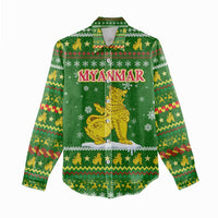 Myanmar Christmas Women Casual Shirt with Green-Gold Theme, Chinthe Lion, and Santa Motif - Wonder Print Shop