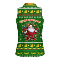 Myanmar Christmas Women Sleeveless Polo Shirt with Green-Gold Theme, Chinthe Lion, and Santa Motif - Wonder Print Shop