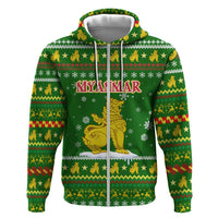 Myanmar Christmas Zip Hoodie with Green-Gold Theme, Chinthe Lion, and Santa Motif - Wonder Print Shop