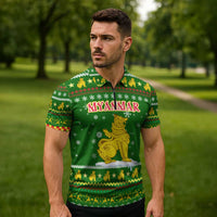 Myanmar Christmas Zipper Polo Shirt with Green-Gold Theme, Chinthe Lion, and Santa Motif - Wonder Print Shop
