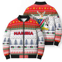 Namibia Christmas Bomber Puffer Jacket with Red-Green Theme, Coat of Arms, and National Flag Motif - Wonder Print Shop