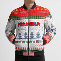 Namibia Christmas Bomber Puffer Jacket with Red-Green Theme, Coat of Arms, and National Flag Motif - Wonder Print Shop