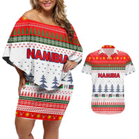 Namibia Christmas Couples Matching Off Shoulder Short Dress and Hawaiian Shirt with Red-Green Theme, Coat of Arms, and National Flag Motif - Wonder Print Shop